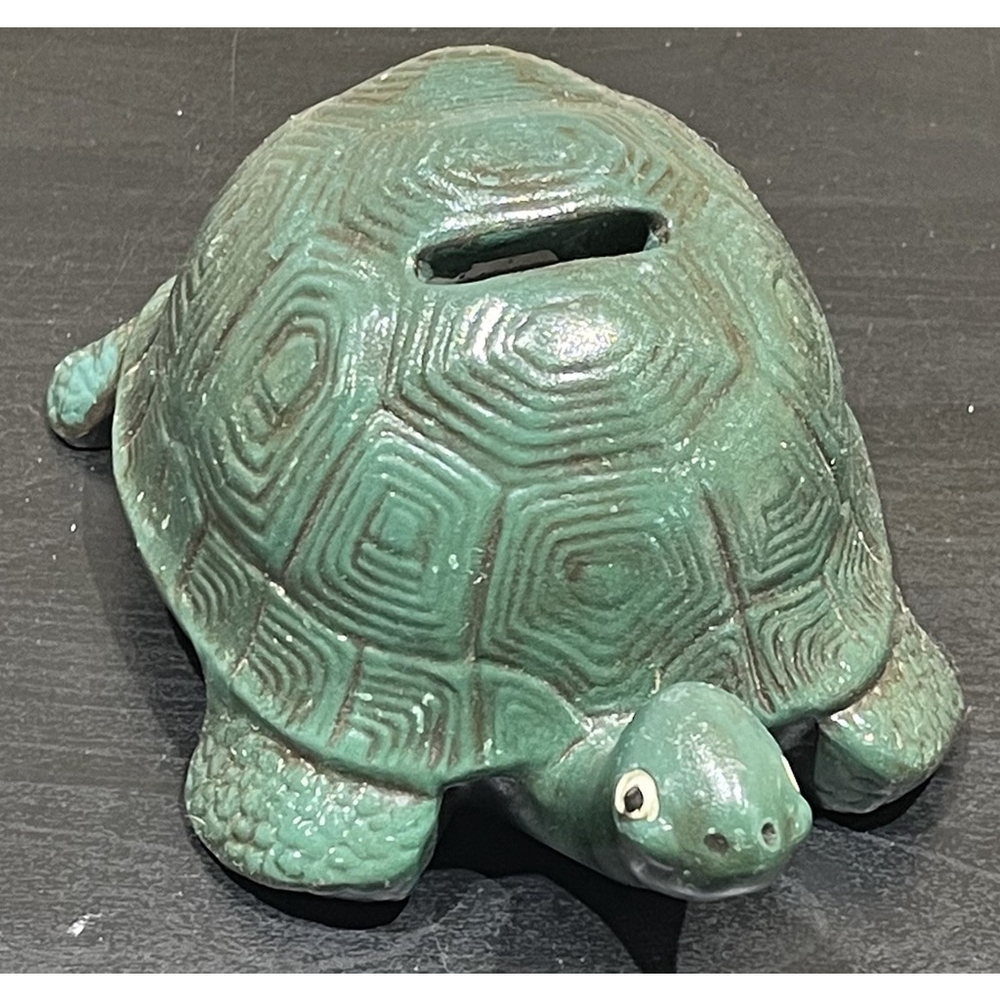 Vtg Hand Painted Ceramic Green Turtle‎ Tortoise Bank Missing Stopper Realistic